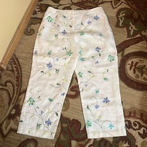 ALLISON TAYLOR size 12 Embroidered Floral Vine Crop Pant Lined Linen Elegant